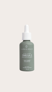  Lunar & solis plant based omega 3 liquid drops with white pipette lid and sage green bottle.